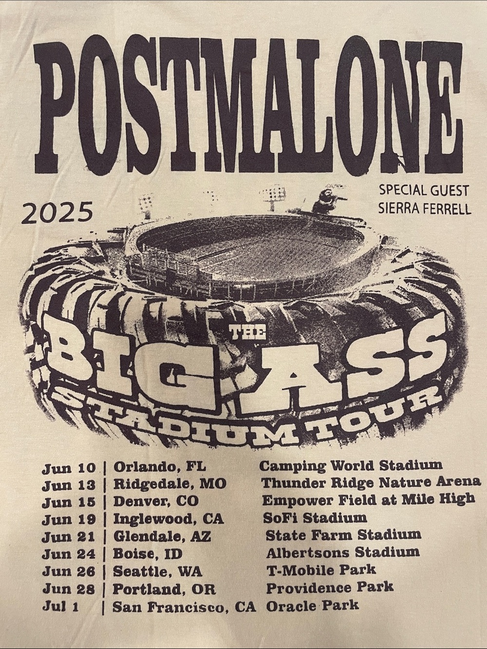 Post Malone 2025 The Big Ass Stadium Tour Tee - Cream & Black. Unisex